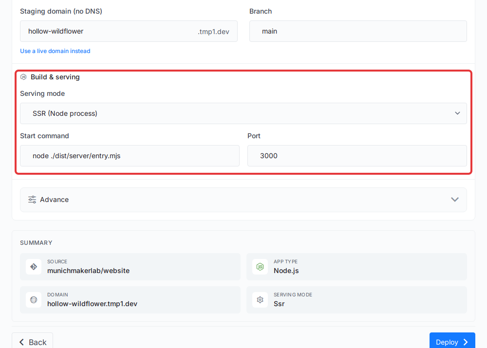 Build & serving shows SSR (Node process) with the start command node ./dist/server/entry.mjs and port 3000