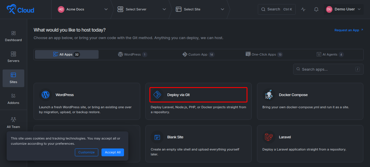 Choosing Deploy via Git for a new site in the xCloud dashboard