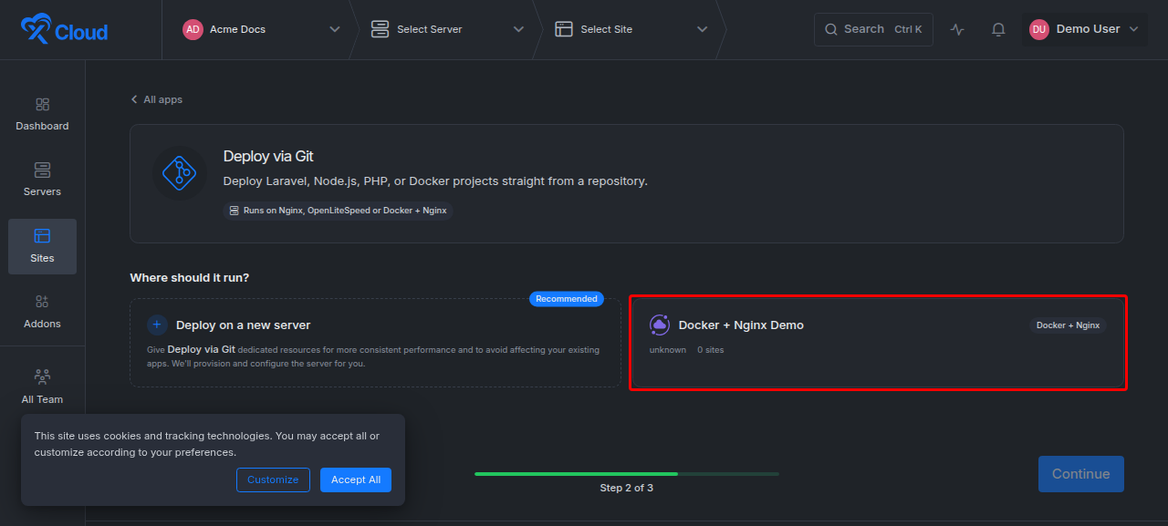 Selecting a Docker + Nginx server for the Git deployment