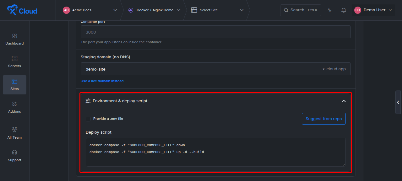The Environment & deploy script section with the .env option