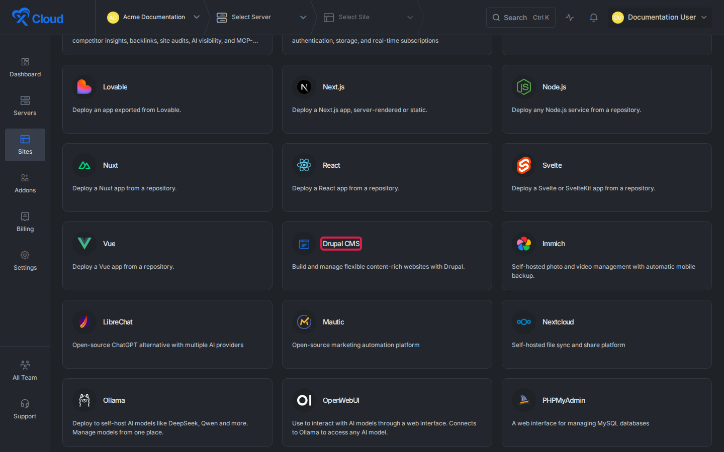 Drupal CMS highlighted in the xCloud One-Click Apps catalog