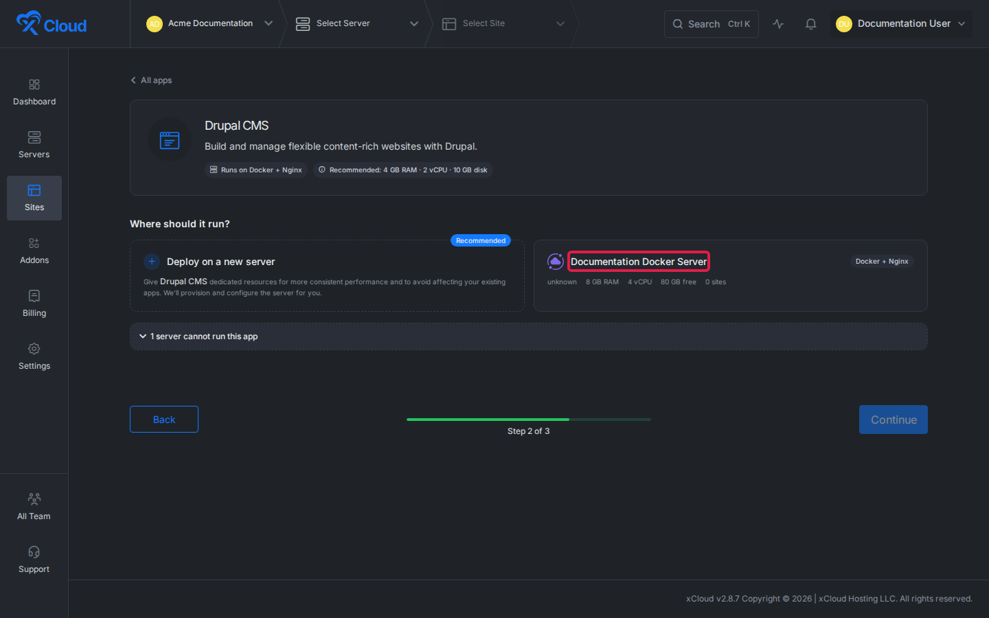 A compatible Docker and NGINX server highlighted for Drupal CMS
