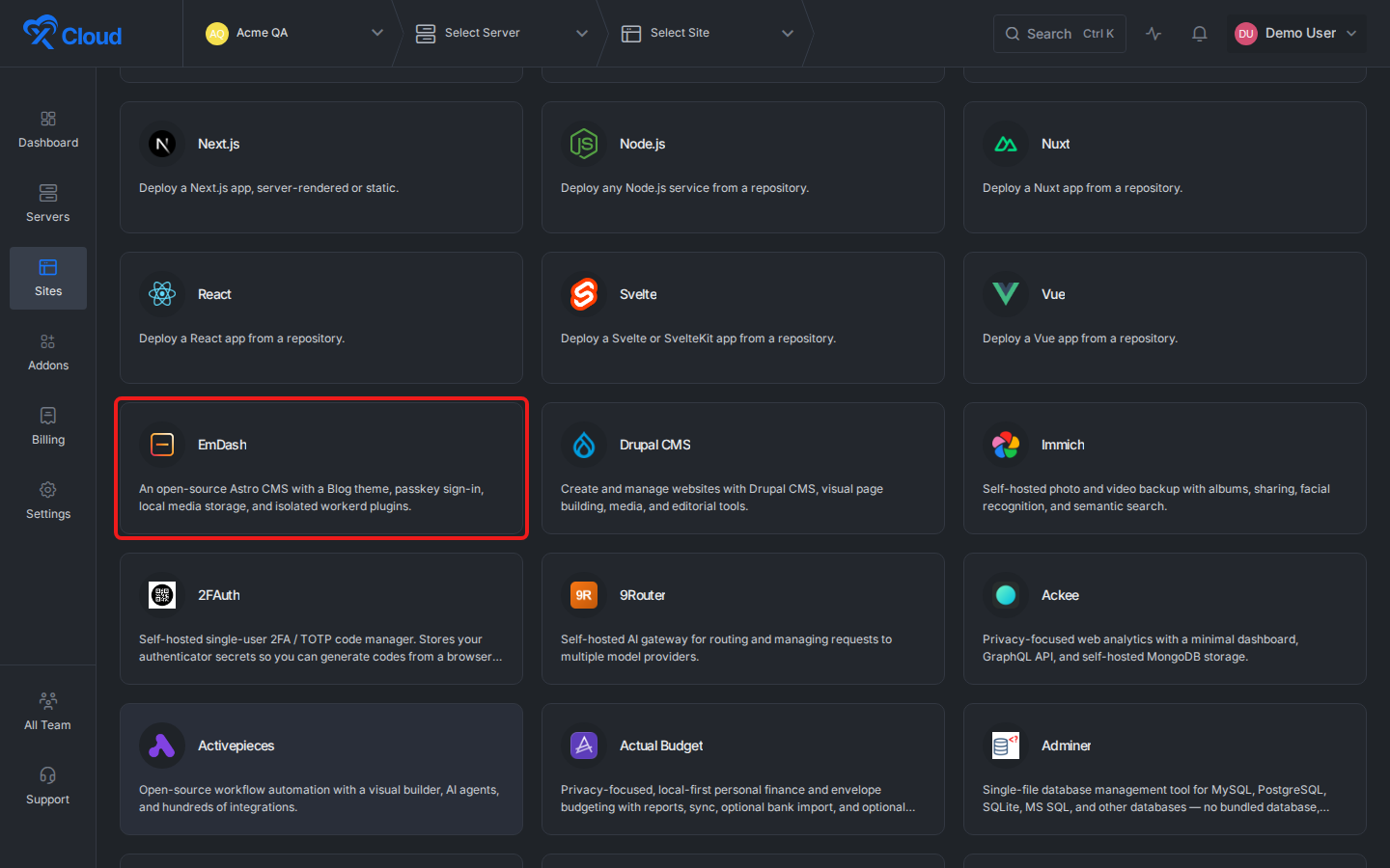 EmDash selected in the xCloud One Click Apps catalog with the official EmDash icon