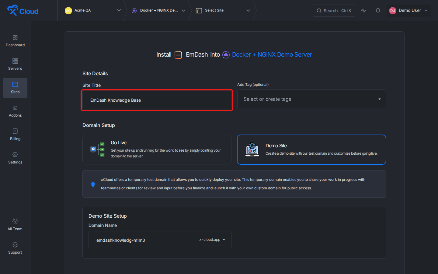 Configure the EmDash site title and demo domain
