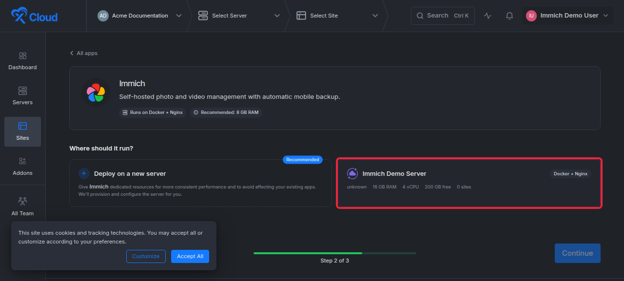 The server selection step showing a compatible Docker + Nginx server card with its stack, RAM, CPU and disk, and the Continue button