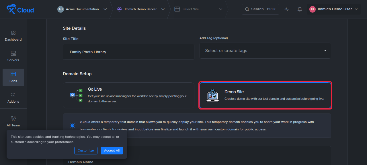 The Immich site form with Site Title and the Demo Site and Go Live options