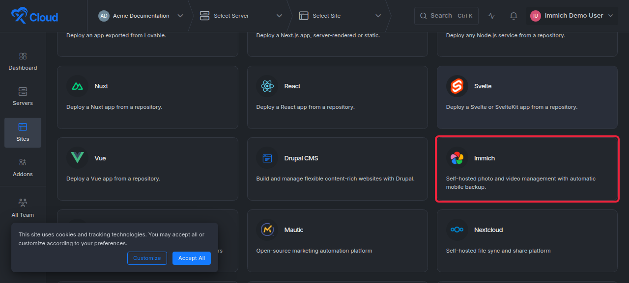 The One-Click Apps catalog with the Immich card highlighted
