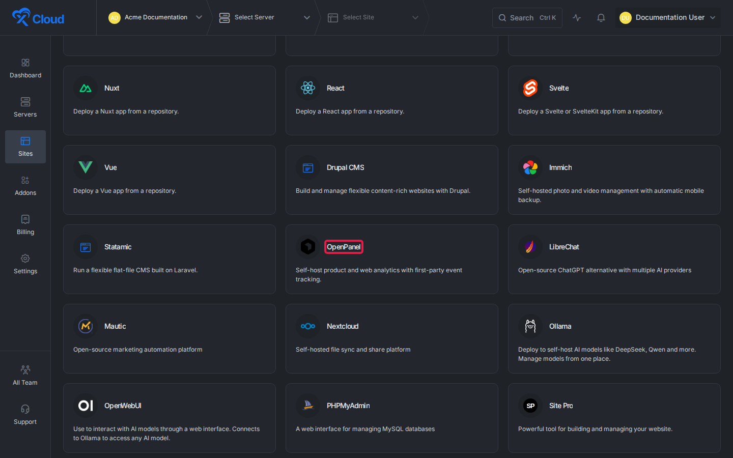 OpenPanel highlighted in the xCloud One-Click Apps catalog