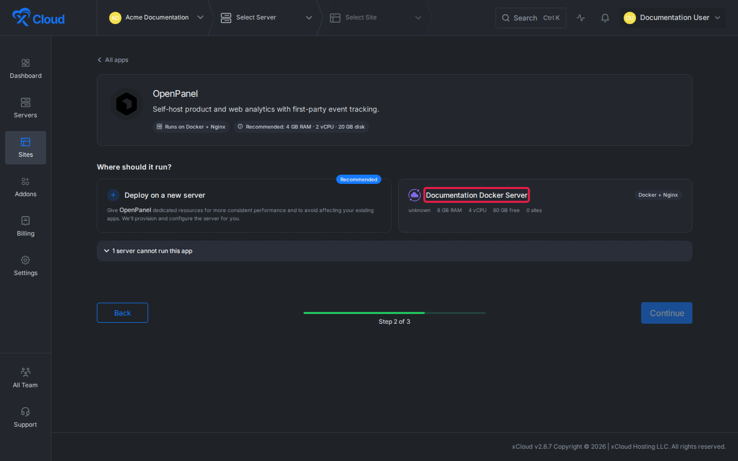 A compatible Docker and NGINX server highlighted for OpenPanel