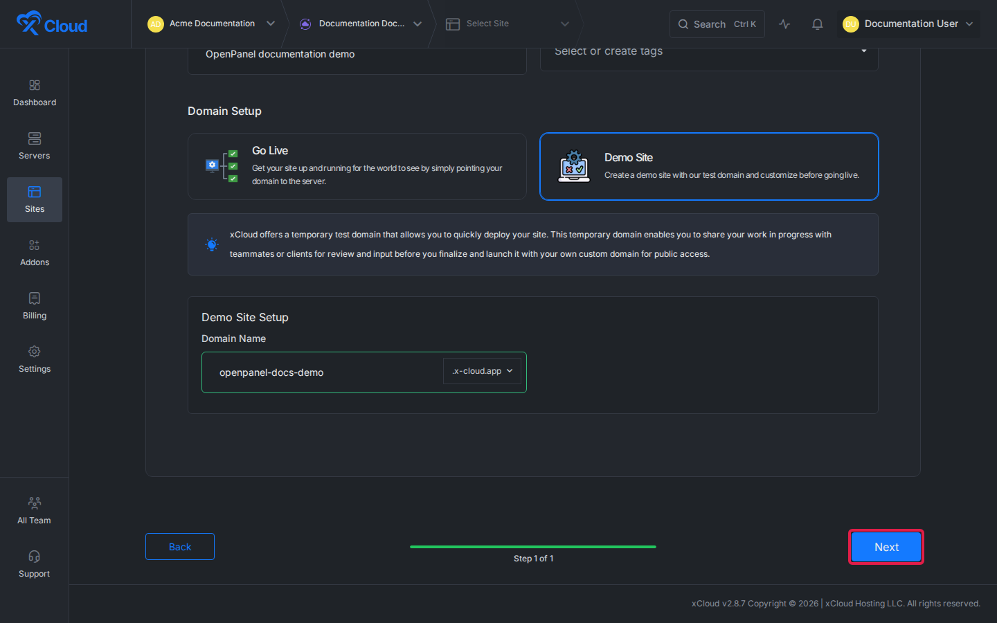 The Next button highlighted after completing the OpenPanel setup fields