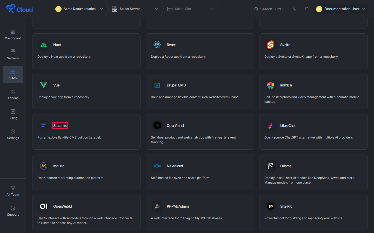 Statamic highlighted in the xCloud One Click Apps catalog