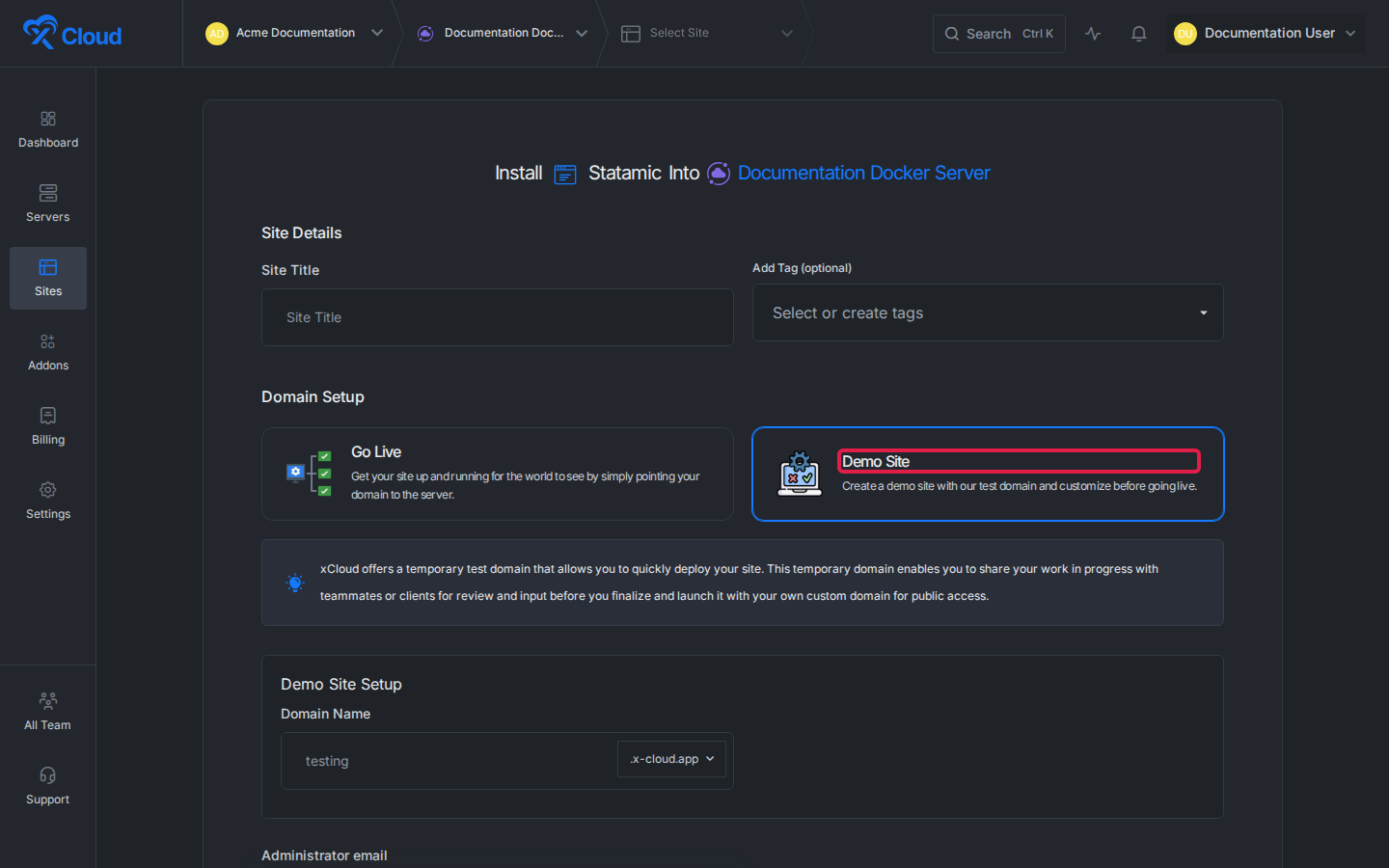 Demo Site highlighted in the Statamic installation form