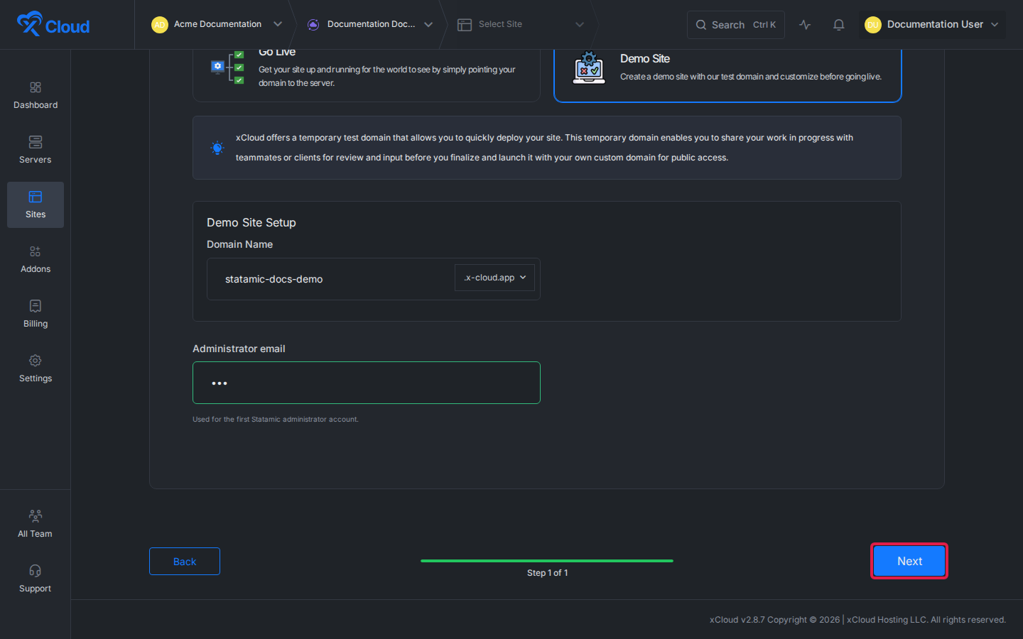 The Next button highlighted after completing the Statamic setup fields