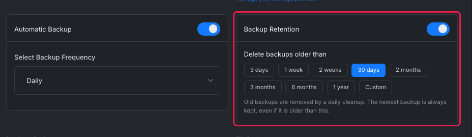 The Automatic Backup and Backup Retention cards; the Delete backups older than presets are highlighted, with 30 days selected