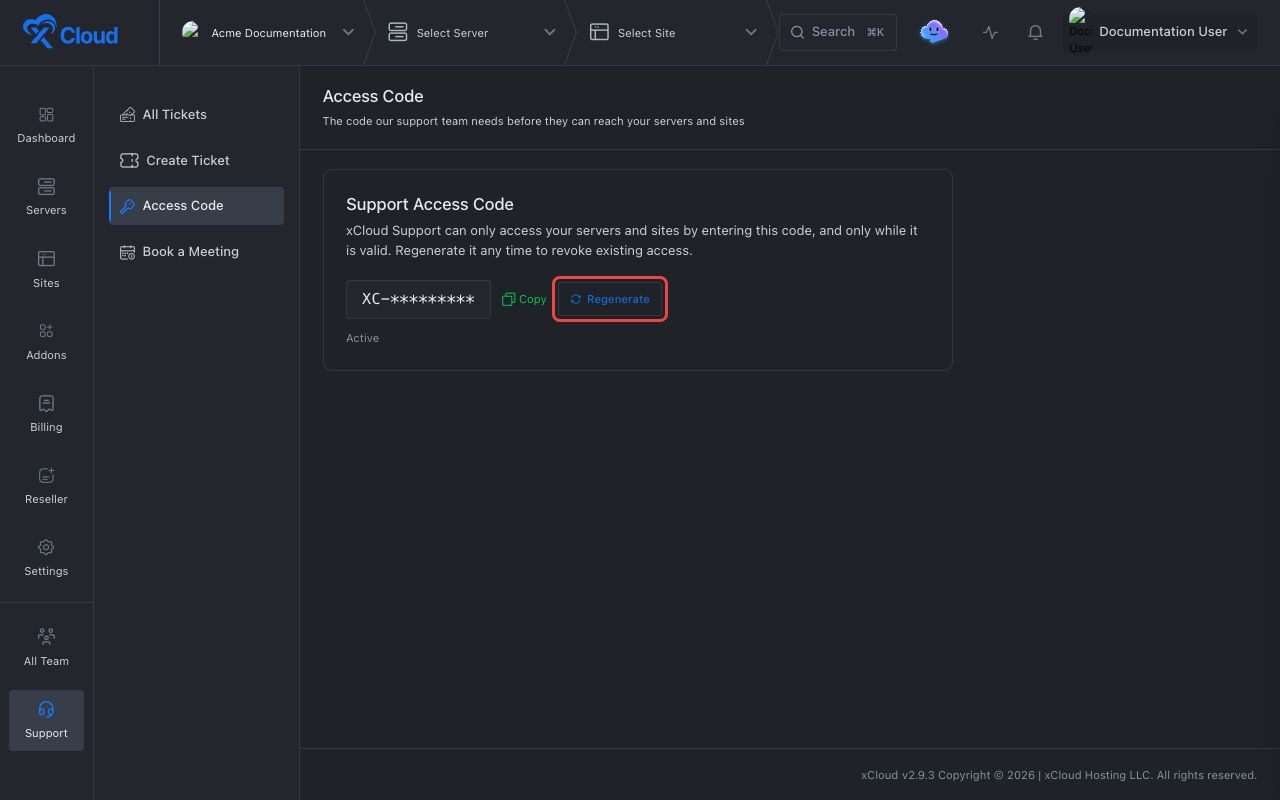 The Access Code page showing a masked support access code with an Active status and the Regenerate button highlighted.