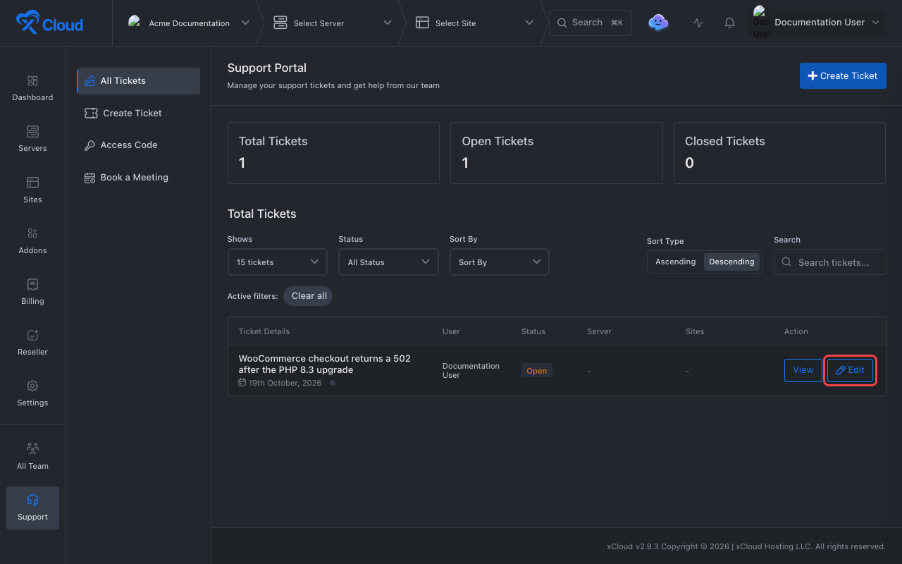 The All Tickets list with the Edit button next to a ticket highlighted.