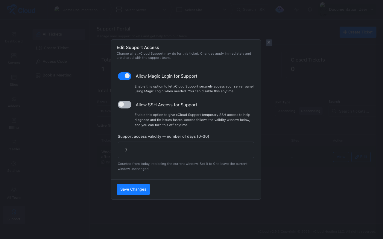 The Edit Support Access dialog with both switches and the validity field.