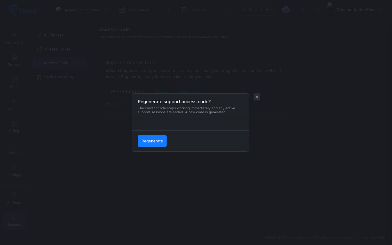 The confirmation dialog for regenerating the support access code.