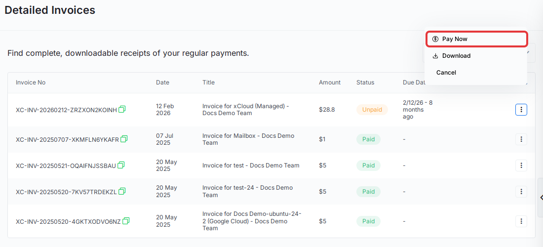 Pay Now in the action menu of an unpaid invoice under Billing → Detailed Invoices