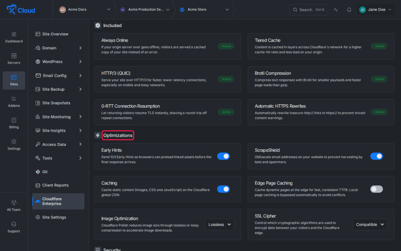 Optimization and security options.