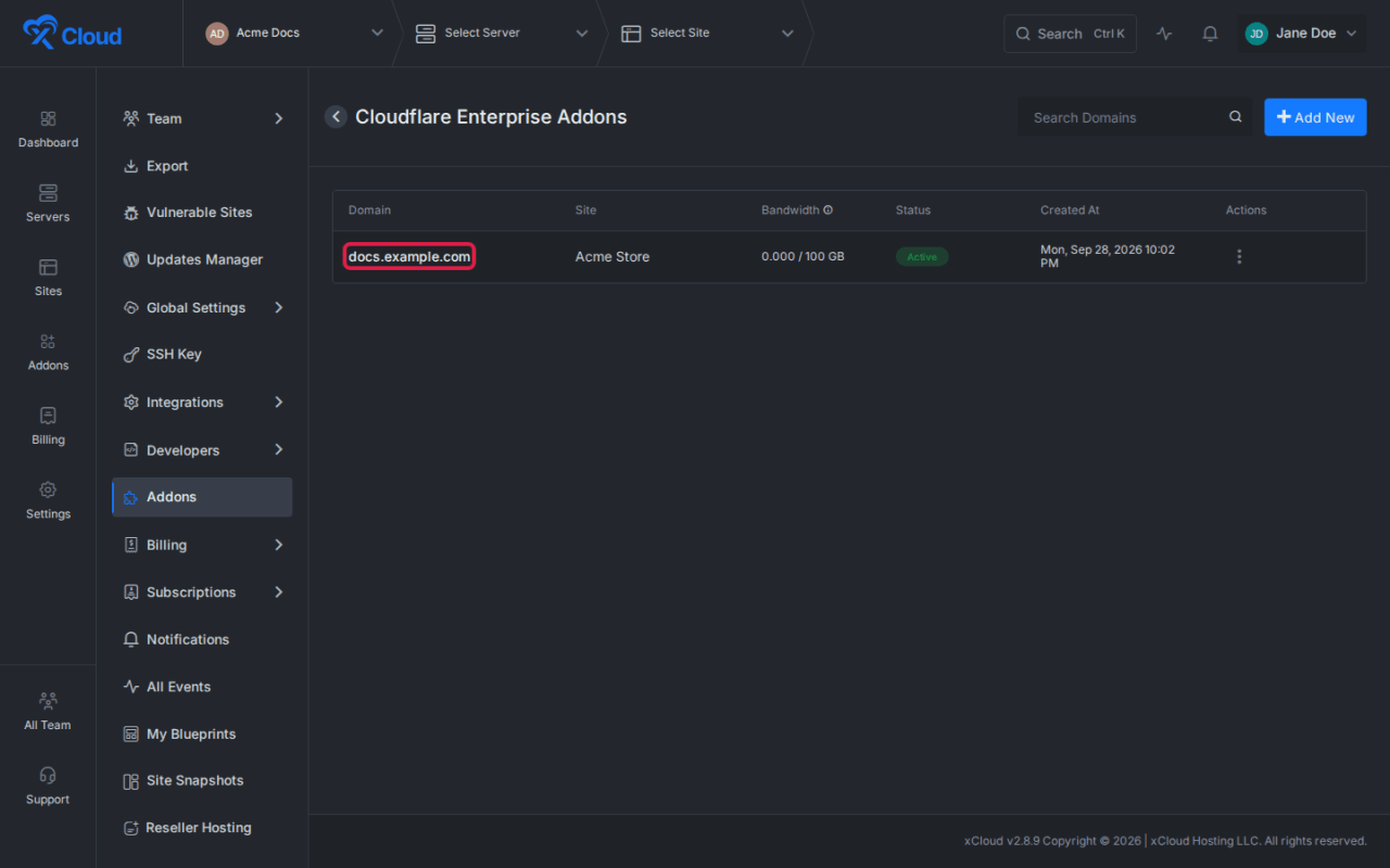The team-level Cloudflare Enterprise add-ons list.