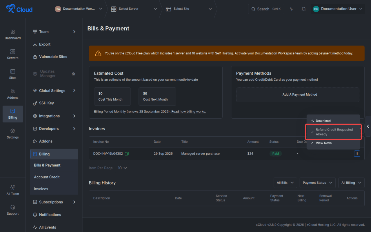 The invoice menu showing Refund Credit Requested Already.