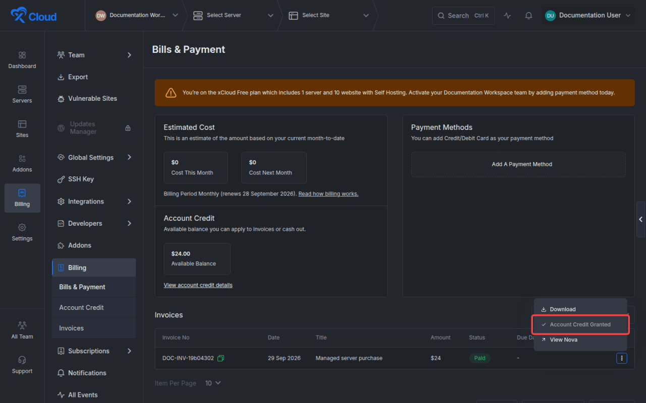 The invoice menu showing Account Credit Granted.