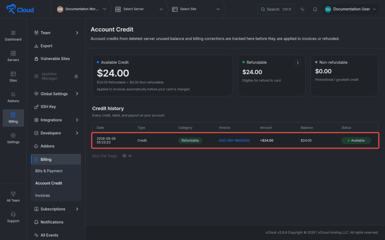The Credit history ledger entry for the granted credit.