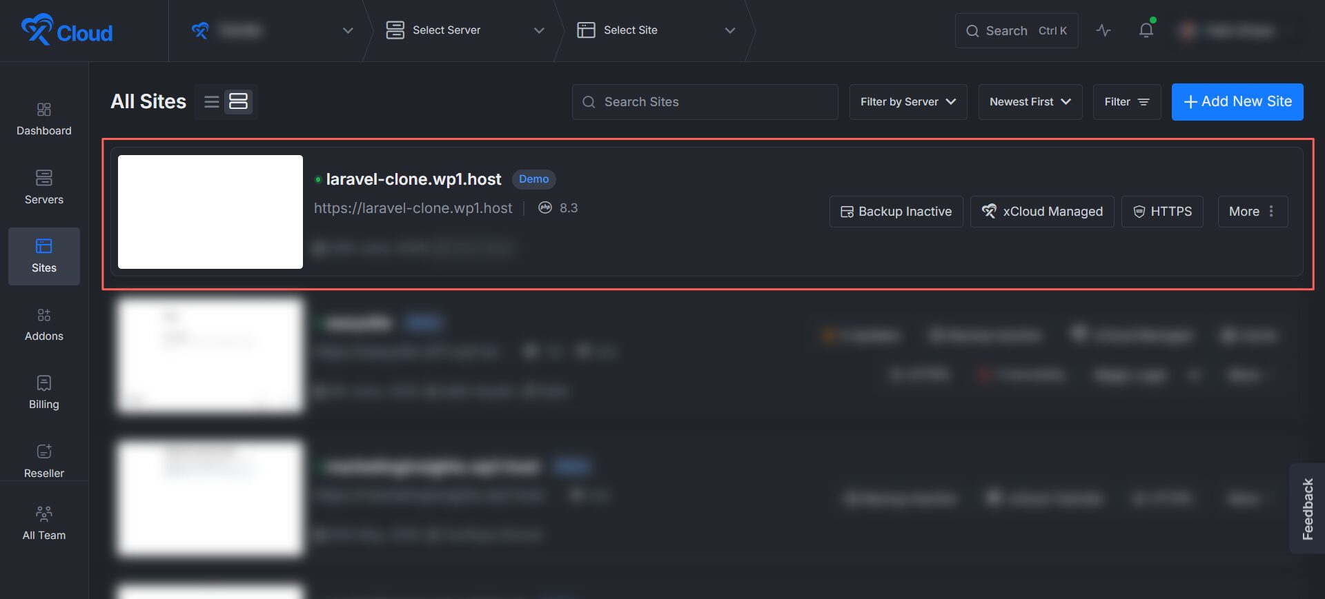 Clone a Laravel app with xCloud — selecting the site
