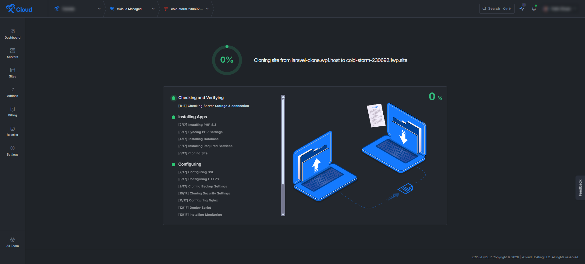 Clone a Laravel app with xCloud — cloning progress