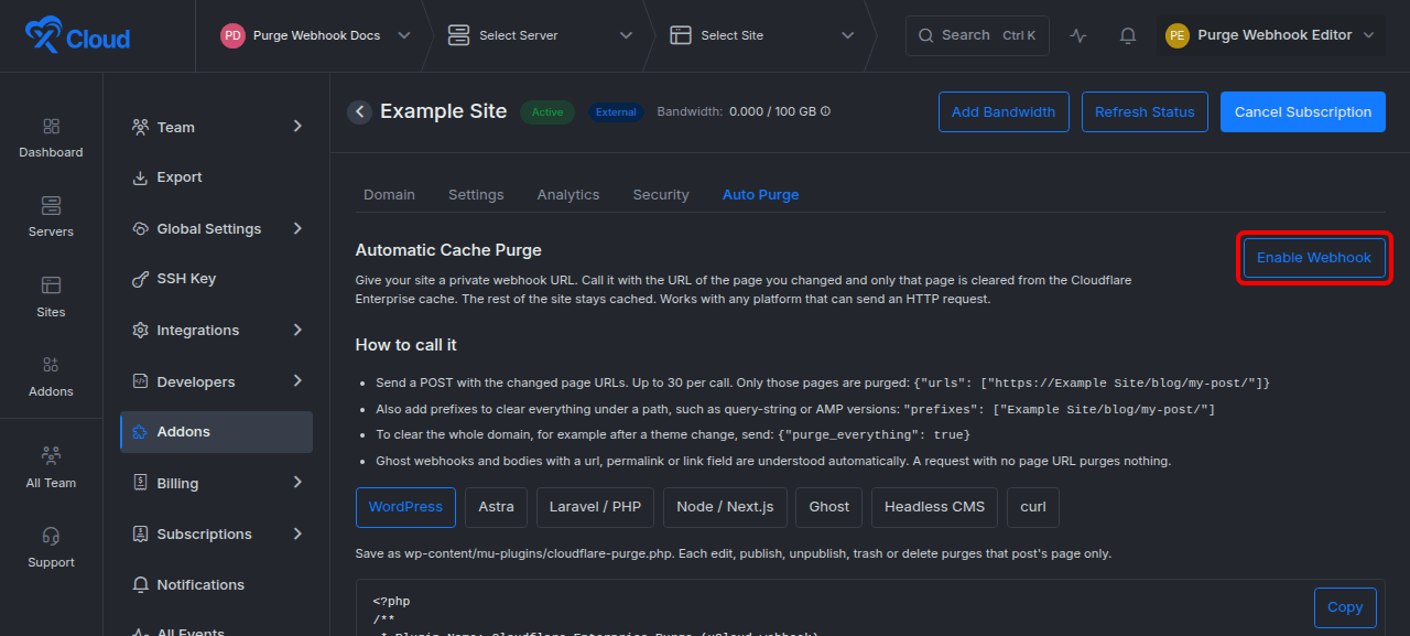 Enabling the Auto Purge webhook in the Cloudflare Enterprise settings.