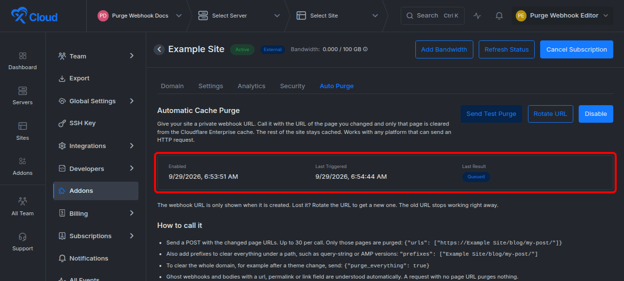 The Send Test Purge status panel.