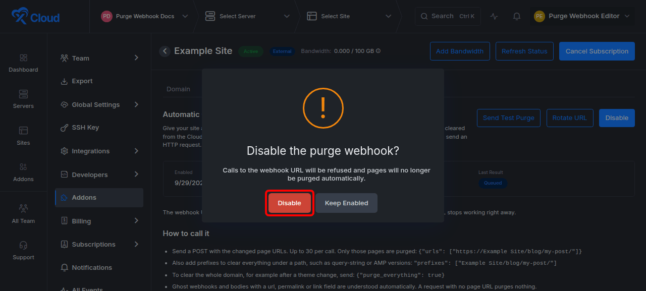 Disabling the Auto Purge webhook.