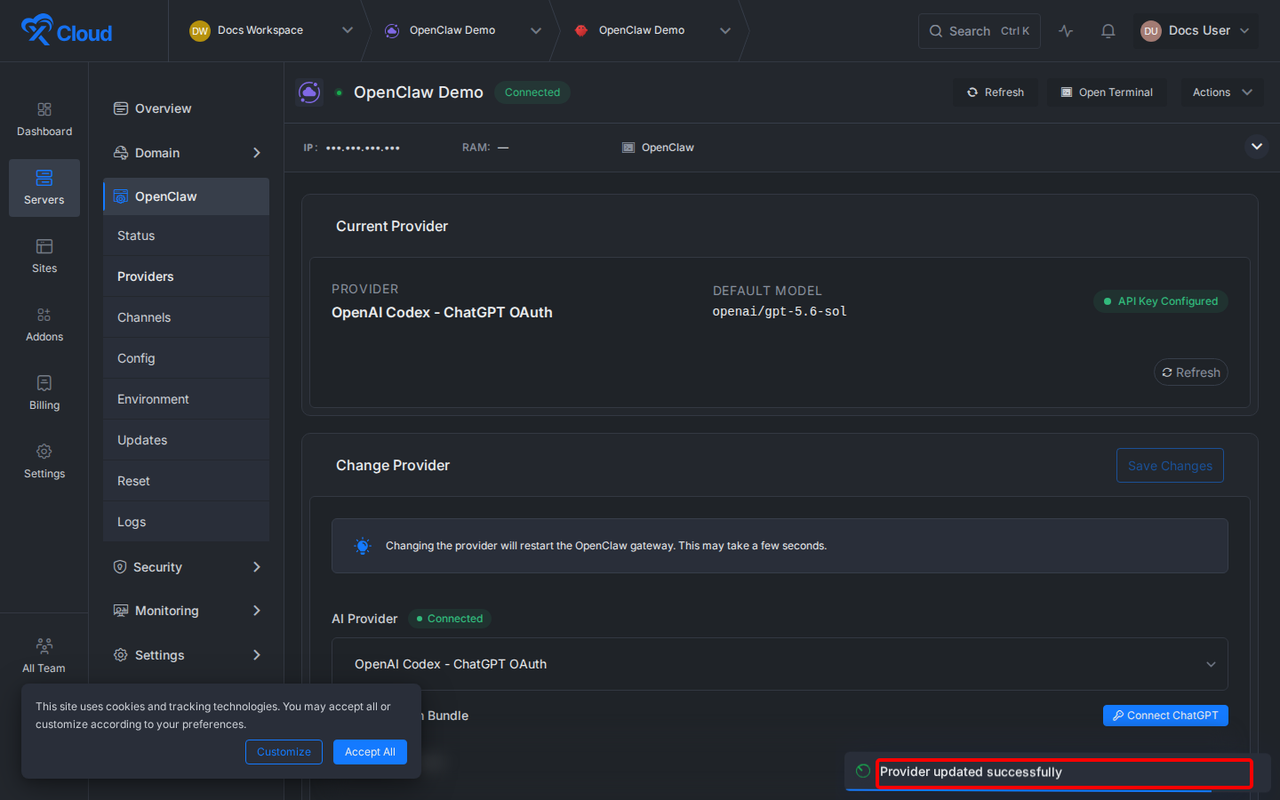 xCloud showing Provider updated successfully after the device-code approval, with OpenAI Codex listed as the current provider