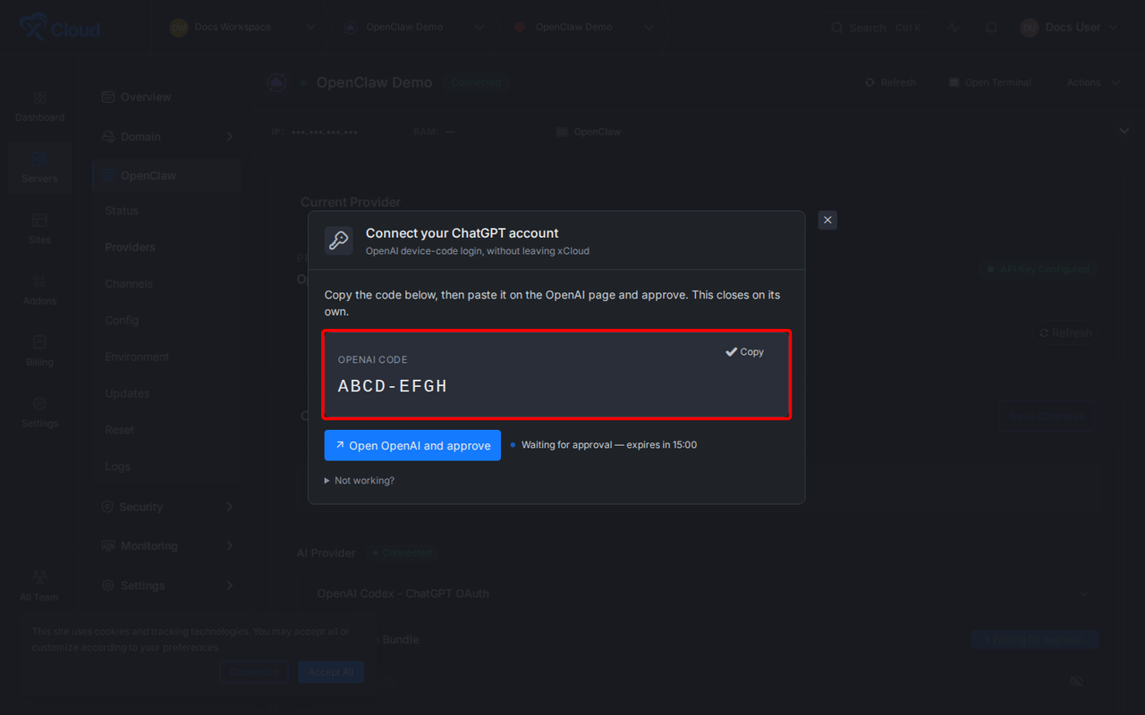 The Connect your ChatGPT account modal with an example OpenAI code, the Copy check mark, the countdown and Open OpenAI and approve