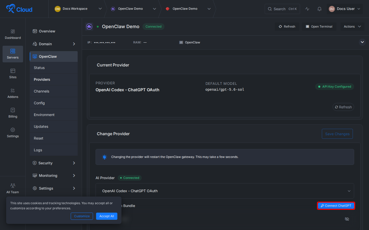The OpenClaw Providers page with AI Provider set to OpenAI Codex - ChatGPT OAuth and the Connect ChatGPT button