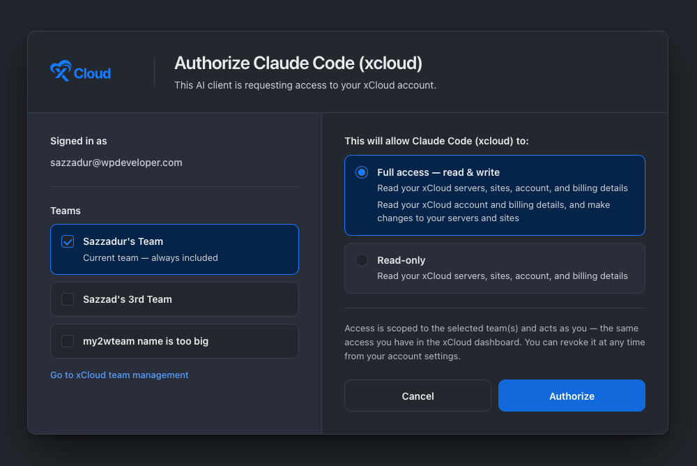 The xCloud authorization screen for an MCP client with the current team always included and additional teams selectable, next to the Full access and Read-only options