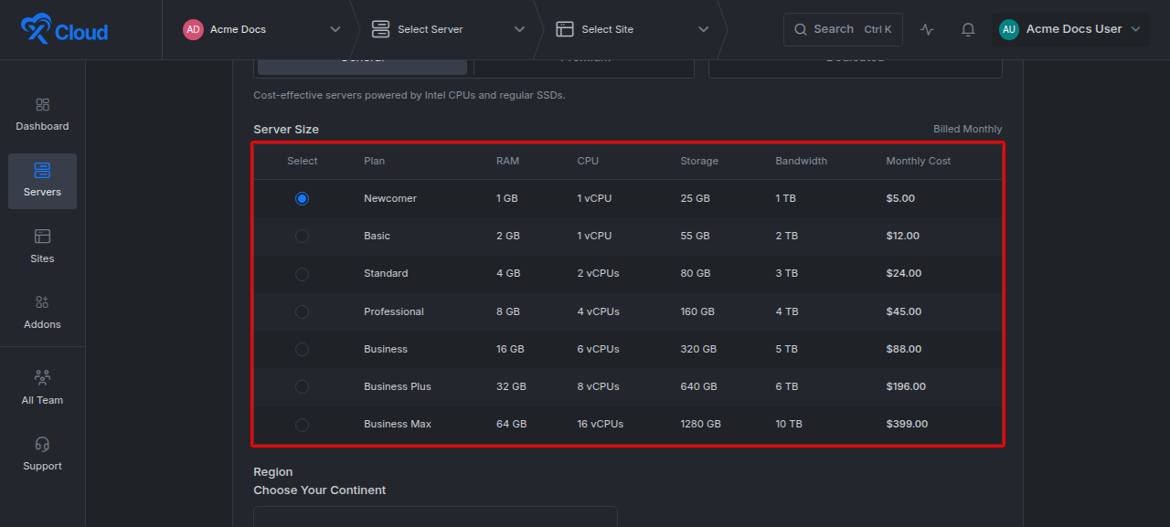 The managed-server plan tabs General, Premium and Dedicated with CPU, memory, storage and transfer per plan
