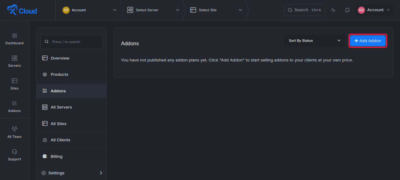 The White Label Addons page with Add Addon.