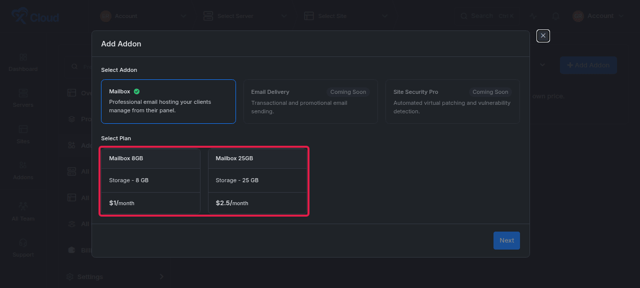 Selecting a MailBox source plan.