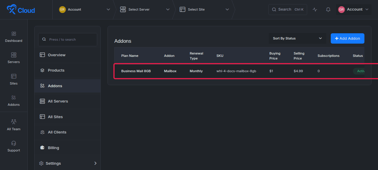 The published reseller MailBox plan.