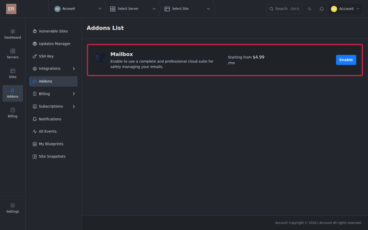 The MailBox add-on in the client portal.
