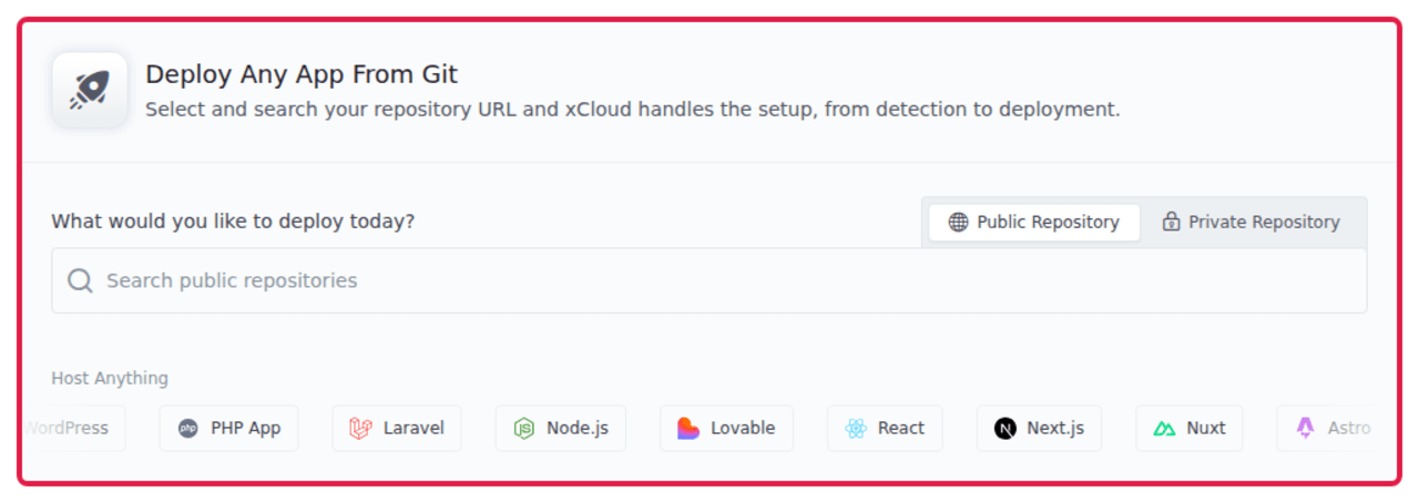 Add New Site with the Deploy via Git option selected in xCloud