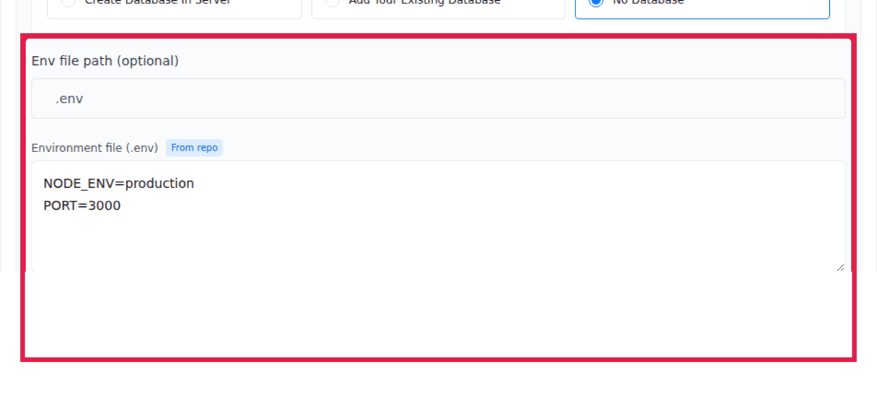 The Environment file (.env) field during Node.js deployment setup