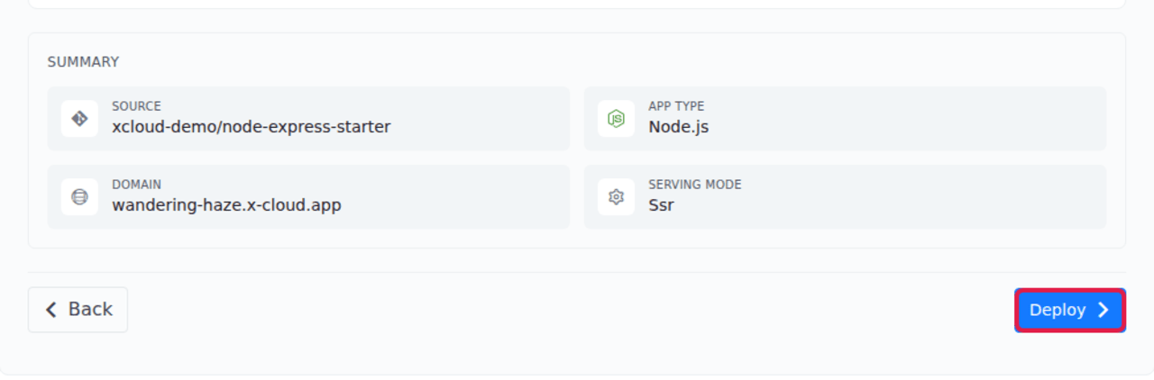 The deployment summary screen before selecting Deploy