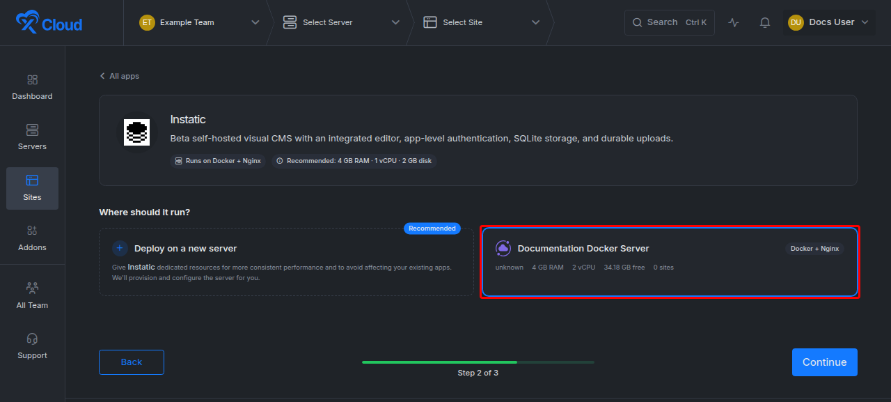 Choose a compatible Docker and Nginx server for Instatic
