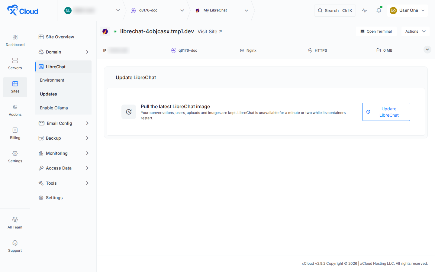 LibreChat Updates page in xCloud with the Update LibreChat button