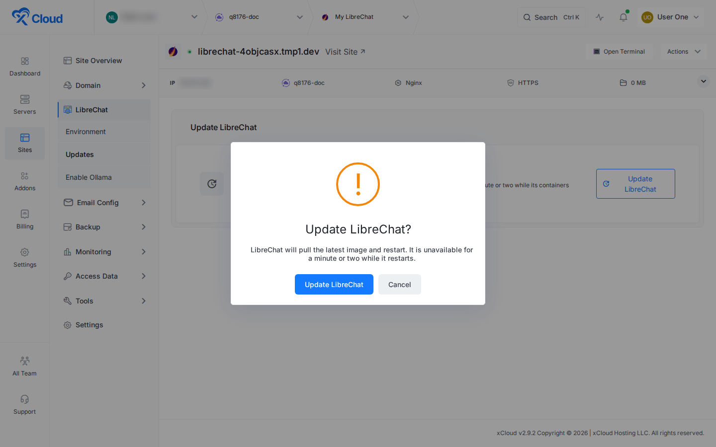 Confirmation box to update LibreChat to the latest image in xCloud