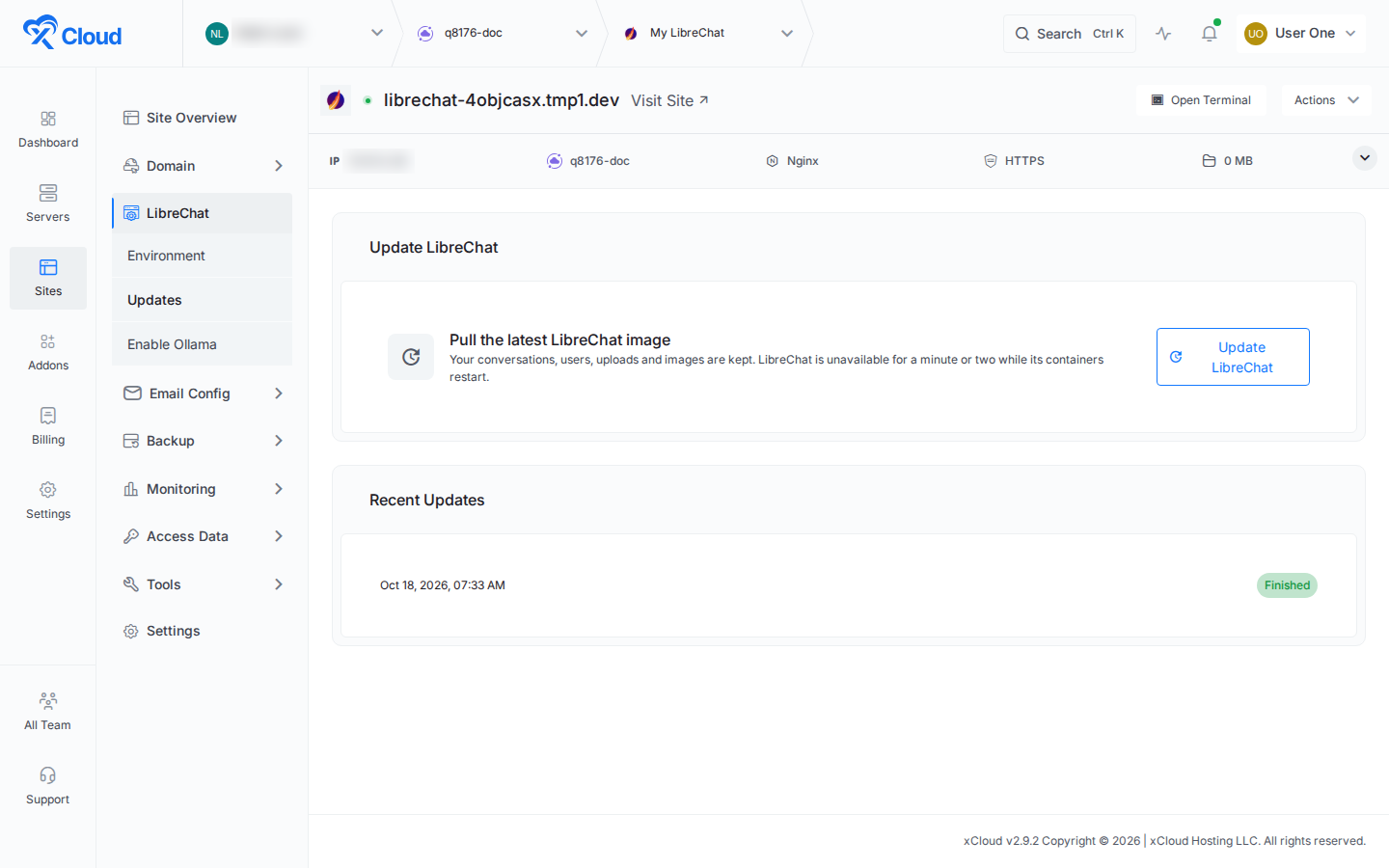 Recent Updates list showing a finished LibreChat update in xCloud