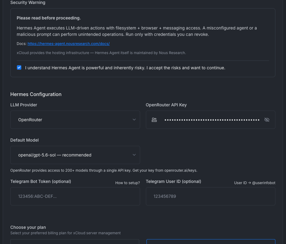 The Hermes Configuration section with the LLM provider, API key, default model and optional Telegram fields